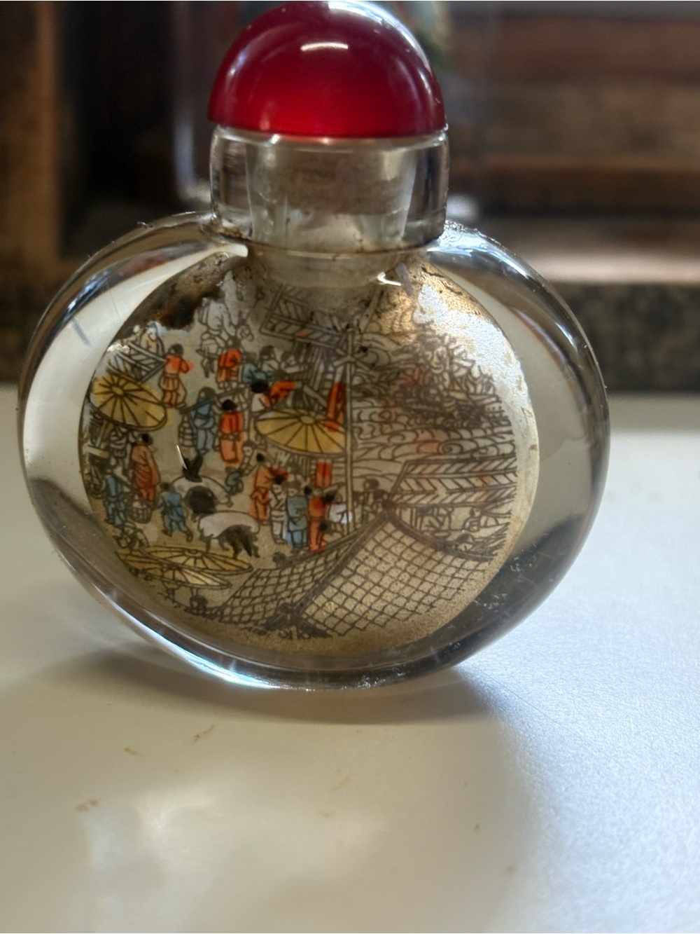 Hand-Painted Glass Snuff Bottle with Turquoise Cabochon Stopper